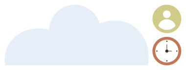Bulut hesaplama, zaman yönetimi, kullanıcı kimliği, uzaktan çalışma, çevrimiçi depolama, veri erişilebilirliği. İllüzyon bir bulut, bir kullanıcı simgesi ve bir saat simgesi gösteriyor. Bulut hesaplama ve zaman yönetimi