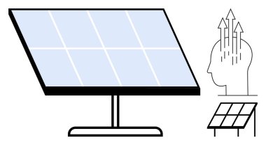 Güneş enerjisi kavramı. İnsan zihninin sürdürülebilir fikirler ürettiği güneş paneli çizimi. Güneş enerjisi yenilenebilir kaynakları, temiz enerjiyi ve çevre dostu yeniliği teşvik eder. Temiz enerji için.
