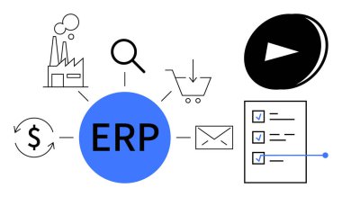 İş organizasyonu, işlem yönetimi, kaynak planlaması, otomasyon, işlemler, veri sistemleri. ERP, fabrika için ikonlara, alışveriş arabası e-posta kontrol listesine bağlandı. İş örgütü