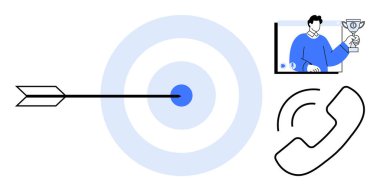 Oklu hedef, elinde kupa olan kişiyle video görüşmesi ve hedef başarısını, takım çalışmasını ve iletişimi vurgulayan telefon ikonu. İş, pazarlama, uzaktan çalışma ve işbirliği için ideal