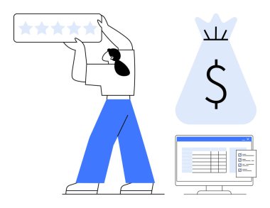 Para çantası ve bilgisayar ekranı ile birlikte beş yıldızlı inceleme sunan kadın, iş başarısının vurgulanması, müşteri geribildirimi, finansal büyüme, çevrimiçi hizmetler, gözden geçirme yönetimi, kalite