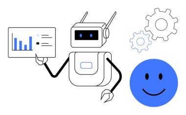 Robot konsepti. Robot, teknolojinin yol açtığı ilerlemeyi yansıtan bir veri tablosu tutuyor. Robot yapay zeka ve yenilik. Otomasyon, teknoloji, yapay zeka, iş verimliliği ve eğitim için mükemmel.