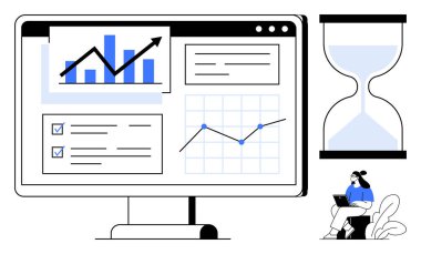 Veri analizi konsepti. Veri analiz araçları dijital bir gösterge panelinde bir zaman yönetim elemanının yanında görüntülenir. Veri analizi eğilimleri görselleştirir ve stratejik kararları destekler. İş için.