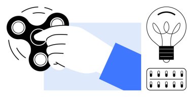 Stres atma, odaklanma gelişimi, yenilik, yaratıcılık, problem çözme, farkındalık. Bir el, ampul ve düğmenin yanında dönen bir el. Stres atma ve odaklanma iyileştirme kavramı