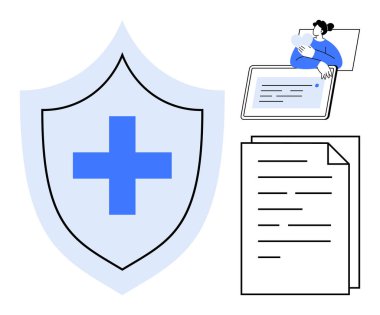 Sağlık hizmetleri güvenliği. Kalkan amblemi koruması, tıbbi belge ve online doktor danışma sahnesi. Sağlık güvenliği veri gizliliğini ve bakım erişimini sağlar. Teletıp için, tıbbi