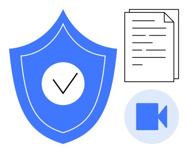 Siber güvenlik, güven, veri koruması, belge güvenliği, medya doğrulaması, bilgi güvenliği. Mavi kalkan, şah, dosya ve video simgesi. Siber güvenlik ve belge güvenliği kavramı