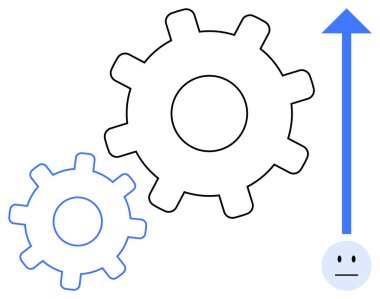İlerleme, verimlilik, yenilik, takım çalışması, teknik büyüme, yükselen trendler. Yukarı doğru giden bir okun yanında iki çark ve yüz çizimi. İlerleme ve yenilik görselleştirme