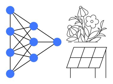 Sürdürülebilirlik, temiz enerji, yapay zeka, yenilenebilir kaynaklar, gelecek teknolojisi, çevresel koruma. Sinirsel ağ şeması, güneş paneli çiçekleri. Sürdürülebilirlik ve temizlik