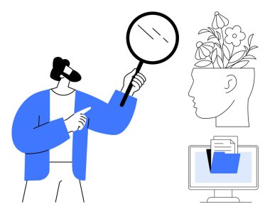 Elinde büyüteç tutan, fikirleri inceleyen, kafasında çiçek açan bitkiler olan, yaratıcılığı sembolize eden, dosyalı bilgisayar olan biri. Araştırma, yenilik, öğrenme, analiz, yaratıcılık, büyüme için ideal