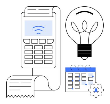 Finansal teknoloji, iş çözümleri, temassız ödemeler, yenilik, dijital araçlar, programlama. Fatura, takvim, ampul ve dişli kablosuz sinyal gönderen ödeme terminali