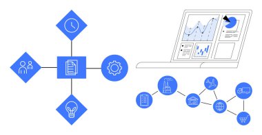 Veri görselleştirme, işlem optimizasyonu, iş analitiği, teknoloji, iş akışı yönetimi, yenilik. İnsanların simgeleri, belge teçhizatı ve ampul. Veri görselleştirme ve süreç optimizasyonu