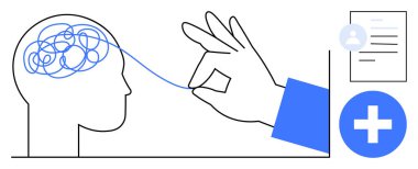 Akıl sağlığı, bilişsel terapi, tıbbi hizmetler, psikolojik bakım, problem çözme, tedavi çözümleri. Beyin illüstrasyonundan gelen karmaşık düşünceleri çözen bir el. Zihinsel sağlık ve bilişsel terapi