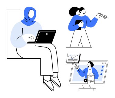 Uzaktan çalışma konsepti. Uzaktan çalışma, profesyoneller arasında dijital işbirliğini ve öğrenmeyi teşvik ediyor. Uzaktan çalışma artık esneklikle modern iletişim araçlarını birleştiriyor. Ofisler, eğitim, takım çalışması için