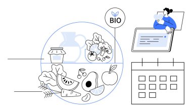 Organik gıda konsepti. Sağlıklı beslenmeyi ön plana çıkaran organik meyve, sebze ve biyo etiketli ürünler. Takvim ve modern teknoloji ile organik yemek planlaması. Beslenme ve sağlıklı alışkanlıklar için.