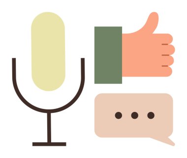 İletişim, geri bildirim, ses kaydı, sosyal medya etkileşimi, içerik oluşturma, podcast. Mikrofon, baş parmaklar yukarı ve konuşma balonu. İletişim ve geri bildirim kavramı
