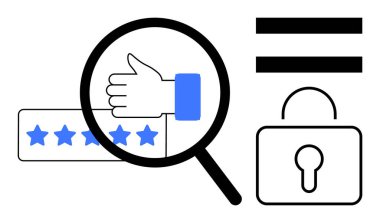 Baş parmaklar üzerinde büyüteç ve kilidin yanında beş yıldızlı derecelendirme, güveni, kaliteyi, güvenliği ve şeffaflığı simgeliyor. Güvenilirlik, gözden geçirme, mahremiyet, güven başarı değerlendirmesi için ideal basit