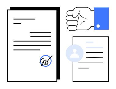 İş anlaşmaları, kimlik doğrulama, dijital onaylar, takım işbirliği, sözleşme yönetimi, kimlik doğrulama. El işaretleri, imzalı kullanıcı simgesi olan kağıtlar. İş anlaşmaları