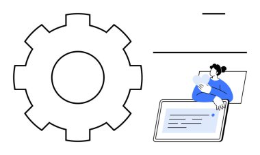 Çalışma akışı konsepti. İş akışını dişli sembolü, kullanıcı etkileşimi ve dijital arayüzle görselleştirmek. Çalışma akışı verimliliği artırıyor ve süreçleri optimize ediyor. İş, sistem, yönetim için