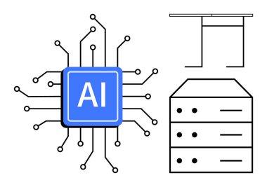 Yapay zeka, veri işleme, bulut depolama, sunucu altyapısı, teknoloji ağı, makine öğrenme algoritmaları. Yapay zeka etiketli mikroçip, bağlantı hatlarına sahip sunucu yığını. Yapay zeka ve veri