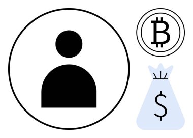 Kullanıcı profili simgesi, Bitcoin sembolü, ve dolar para çantası şifreli para birimi konseptleri, çevrimiçi işlemler, finansal kimlik ve dijital ekonomi. Finans platformları ve dijital için ideal