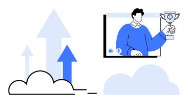 Buluttan yükselen oklar ve ekranda kupa tutan bir kişi yeniliğin, online başarının ve başarının altını çiziyor. İş dünyası, liderlik, bulut hesaplama, dijital dönüşüm için ideal