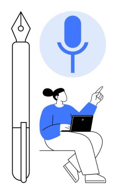 Yaratıcılık, içerik oluşturma, podcast, çevrimiçi öğrenme, eğitim, iletişim. Dizüstü bilgisayar tutan ve yanında kalem olan bir mikrofon simgesini gösteren bir kadın. Yaratıcılık ve içerik oluşturma