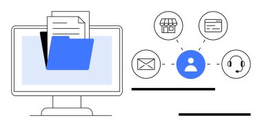 E- posta, depolama, web ve destek simgelerine bağlı dosya ve klasör, kullanıcı simgesi içeren bilgisayar monitörü. Belge yönetimi, iletişim, ağ oluşturma, CRM işbirliği iş sistemleri için ideal