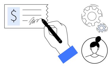 Ödeme işleme sistemleri, finansal işlemler, iş akışı yönetimi, kimlik doğrulama, iş finansmanı, dijital hizmetler. Vitesli ve kullanıcı profilli bir çek imzalayan bir el. Ödeme