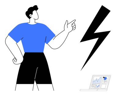 Enerji yeniliği, takım çalışması, sunum, teknoloji, karar verme, veri analizi. Modern figür, veri tablolarını gösteren bir dizüstü bilgisayarla yıldırımı işaret ediyor. Enerji yeniliği ve takım çalışması