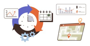 Zaman yönetimi, işlem verimliliği, iş planlaması, veri görselleştirme, analitik raporlar, GPS navigasyon. Dairesel zaman çizelgesi, çizelge takvimi ve konum şifreli harita. Zaman yönetimi