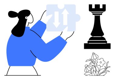 Strateji, problem çözme, büyüme, karar verme, yaratıcılık, takım çalışması. Elinde yön okları, satranç kalesi ve çiçekli bir yapboz parçası tutan bir kadın. Strateji ve sorun çözme kavramı