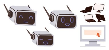 Yapay zeka, dijital iletişim, teknoloji eğitimi, çevrimiçi etkileşim, robot bilimi ve iş akışı otomasyonu. Gülümseyen robot yüzleri ve teknoloji cihazları dizüstü bilgisayarları ve monitörleri parafladı