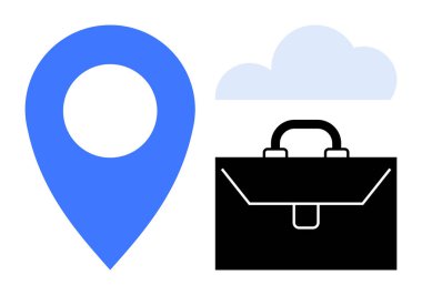 İş hareketliliği, bulut depolama, iş seyahati, dijital araçlar, veri erişimi, konum hizmetleri. Mavi lokasyon rozeti, siyah çanta ve bir bulut. Ticari hareketlilik ve bulut depolama kavramı