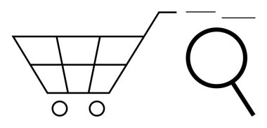 Alışveriş arabası yanında büyüteç, online alışverişi, ürün aramasını, e-ticaret navigasyonunu sembolize ediyor. Perakende satış, arama optimizasyonu, piyasa araştırması, dijital araçlar, tüketici eğilimleri için ideal