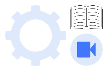 Eğitim, teknoloji, multimedya, dijital öğrenme, otomasyon, öğretici tasarım. Gear, açık kitap ve video kamera sembolleri. Eğitim ve teknoloji kavramı