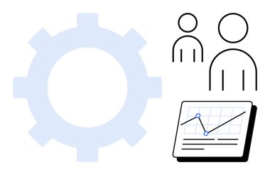 Takım simgelerinin yanında dişli mekanizması ve üzerinde çizgi grafiği olan bir analitik çizelge. Takım çalışması, işbirliği, verimlilik, iş stratejisi, mühendislik, proje planlaması ve teknoloji için ideal. Basit düz