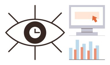Zaman yönetimi, veri analizleri, üretkenlik araçları, iş performansı, izleme sistemleri, teknoloji kullanımı. Göz ve saat simgesi, imleci ve çubuk grafiği olan bilgisayar ekranı. Zaman yönetimi