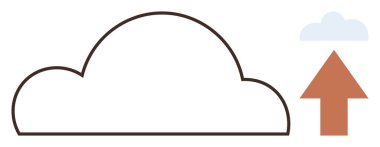 Bulut bilgisayarı, veri transferi, dijital depolama, teknoloji hizmetleri, çevrimiçi yedekleme, internet bağlantısı. Yukarı doğru ok ile büyük bulut şekli. Bulut hesaplama ve veri transfer kavramı