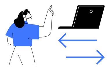 Uzaktan çalışma, müşteri hizmetleri, teknoloji, sanal toplantılar, internet desteği, iletişim. Kulaklık takan bir kadın iki yönlü okla dizüstü bilgisayarı işaret ediyor. Uzak çalışma ve müşteri hizmetleri