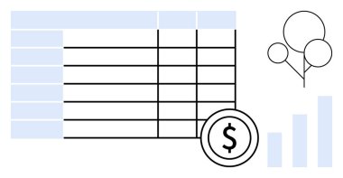 Finansal veri teması. Döviz sembolü ve büyüme grafiği vurgulama analiziyle finansal veri tablosu. Finansal süreçler, iş stratejisi, veri analizleri ve planlama