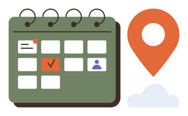 Zaman yönetimi, zaman çizelgesi, yer belirleme, planlama, verimlilik, organizasyon. Vurgulanmış tarih, konum kodu ve kullanıcı simgesine sahip bir takvim. Zaman yönetimi ve zamanlama kavramı