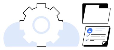 Bulutun üstündeki vites sembolü, dosya dizini, görev kontrol listesi. Teknoloji, veri yönetimi, bulut depolama, süreç optimizasyonu, organizasyon dijital araçları ve iş akışı için ideal. Basit düz metafor