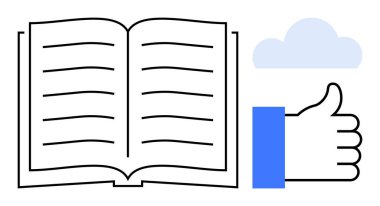 Bilgi paylaşımı konsepti. Başparmaklar yukarı ve bulut simge öğrenme, işbirliği ve dijital ağlar ile açık kitap. Eğitim, takım çalışması ve çevrimiçi platformlar hakkında bilgi. Bağlantı, akademi