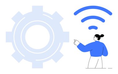 Teknoloji, bağlantı, yenilik, kablosuz iletişim, otomasyon, dijital dönüşüm. Birisi vites simgesinin yanındaki kablosuz sembolü işaret ediyor. Teknoloji ve bağlantı konsepti