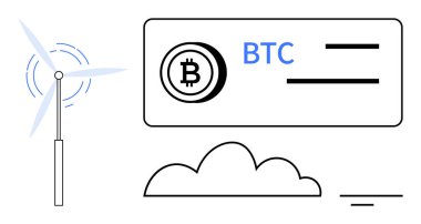 Bitcoin konsepti. Yenilenebilir enerjiyi vurgulayan, modern rüzgar türbini ve sembolüyle bezenmiş Bitcoin. Bitcoin sürdürülebilir teknoloji. Finans, sürdürülebilirlik, kripto para birimi etkisi, fintech, eco