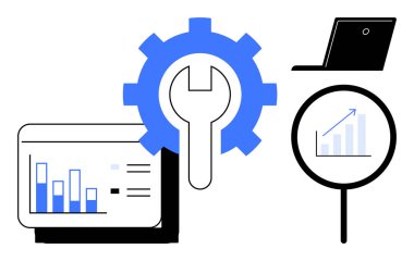 Veri analizi, teknoloji araçları, işlem optimizasyonu, iş stratejisi, performans takibi, büyüme izleme. İkona, dizüstü bilgisayar büyüteç. Veri analizi ve teknoloji araçları
