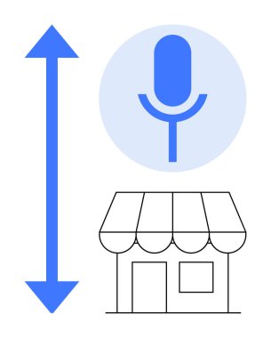 Ses tanıma, erişilebilirlik, iş teknolojisi, iletişim araçları, dijital pazarlama, çevrimiçi perakende. Bir mikrofon ikonu, oklar ve bir mağaza cephesi. Ses tanıma ve erişilebilirlik