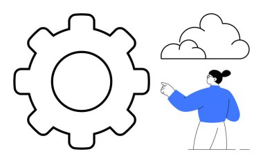 Teknoloji tasarımı, bulut hesaplama, yenilik, işlevsellik, takım çalışması, yaratıcılık. Bulutları gösteren bir kadının yanında büyük bir teçhizat. Teknoloji tasarımı ve bulut hesaplama kavramsal teması