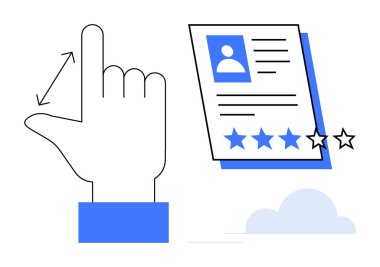 Yıldızlı bir sınıflandırma sistemini gösteren profil inceleme kartının yanında el hareketi yapıyor. Geri bildirim, değerlendirme, değerlendirme, kullanıcı deneyimi, müşteri memnuniyeti, analitik için ideal