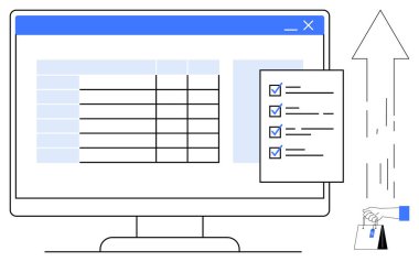 Üretkenlik, proje yönetimi, veri örgütü, dijital araçlar, görev izleme, e-ticaret görselleştirme. Bilgisayar ekranı yukarı doğru ok ile bir kontrol listesi ve tablo gösterir. Verimlilik